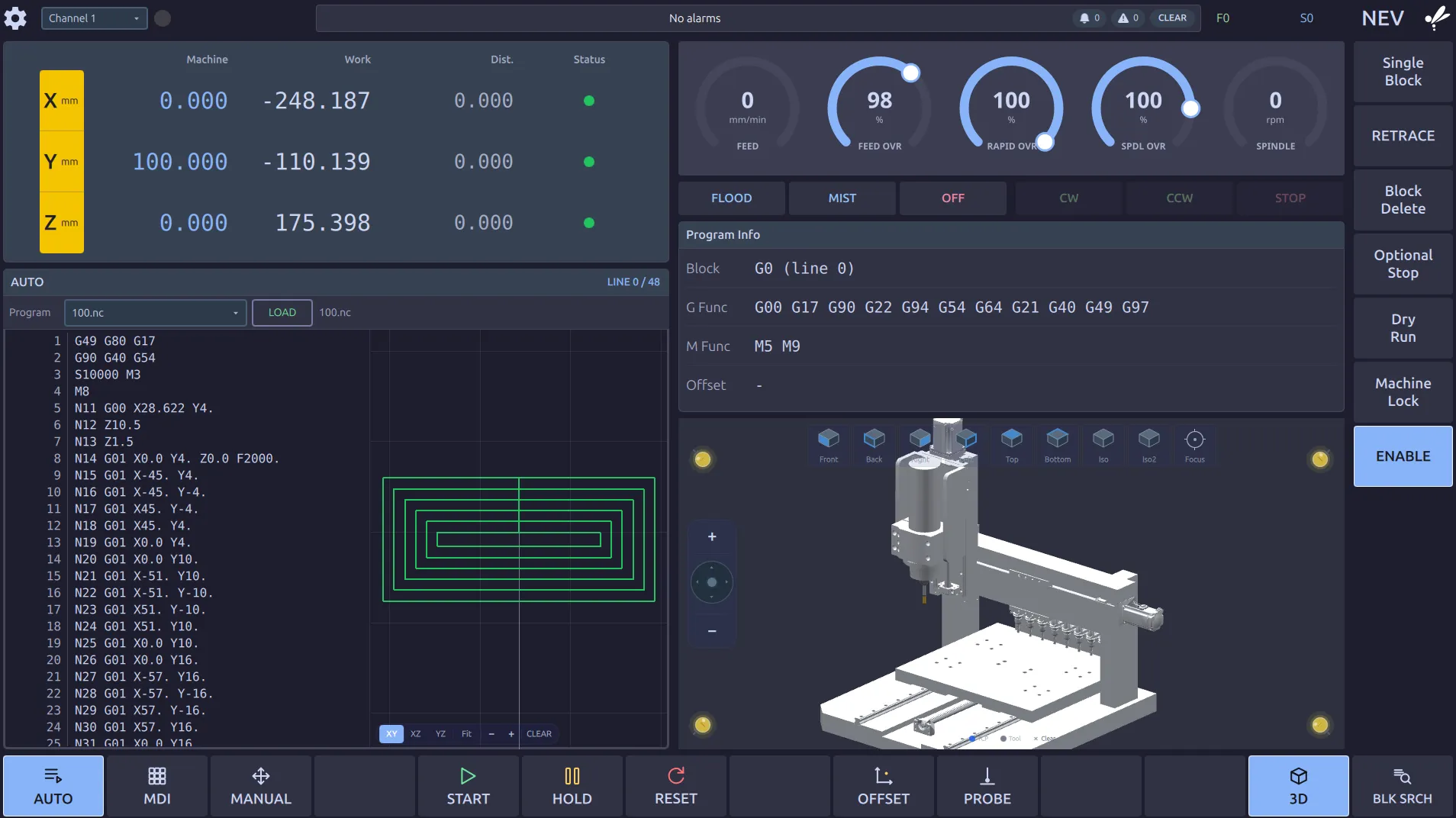 The AUTO screen: X, Y and Z in Machine, Work, Dist. and Status columns; feed, override and spindle dials; coolant and spindle buttons; the program listing with a 2D toolpath beside it; a Program Info panel; a 3D view of the machine; and run option keys down the right-hand side.