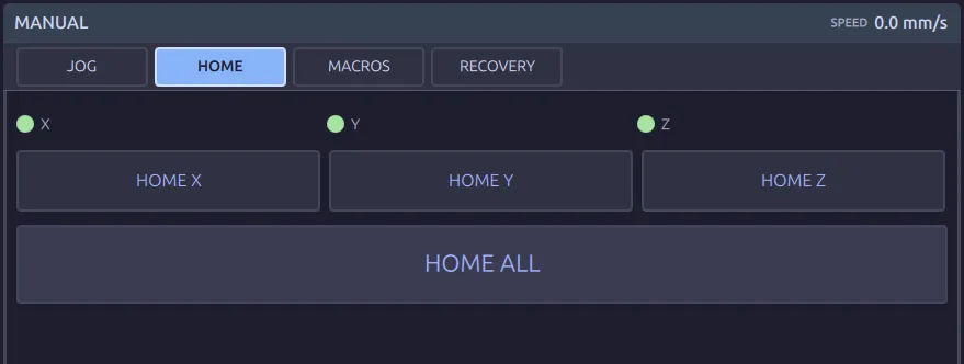 The HOME tab of the MANUAL screen: a green lamp beside X, Y and Z, buttons HOME X, HOME Y and HOME Z in a row, and a full-width HOME ALL button below them.