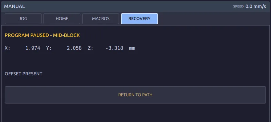 The RECOVERY tab of the MANUAL screen: the heading PROGRAM PAUSED - MID-BLOCK in amber, a readout of X 1.974, Y 2.058 and Z -3.318 mm, the words OFFSET PRESENT, and a full-width RETURN TO PATH button.