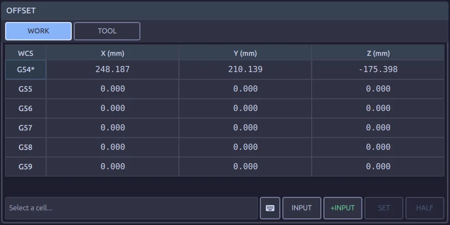 The WORK tab of the OFFSET screen: rows G54 to G59 against X, Y and Z columns in millimetres. G54 is marked with a star and holds the only non-zero values.